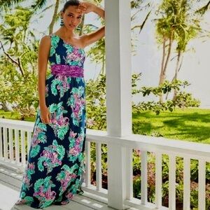 Lilly Pulitzer Malia One-Shoulder Maxi Dress Inky Navy Peanut Gallery sz S